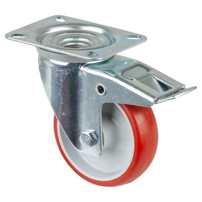 Bs Rollen Lenkrolle mit Totalfeststeller und Anschraubplatte Polyurethan rot Rollenlager 100 mm 125 kg - L420.B31.100