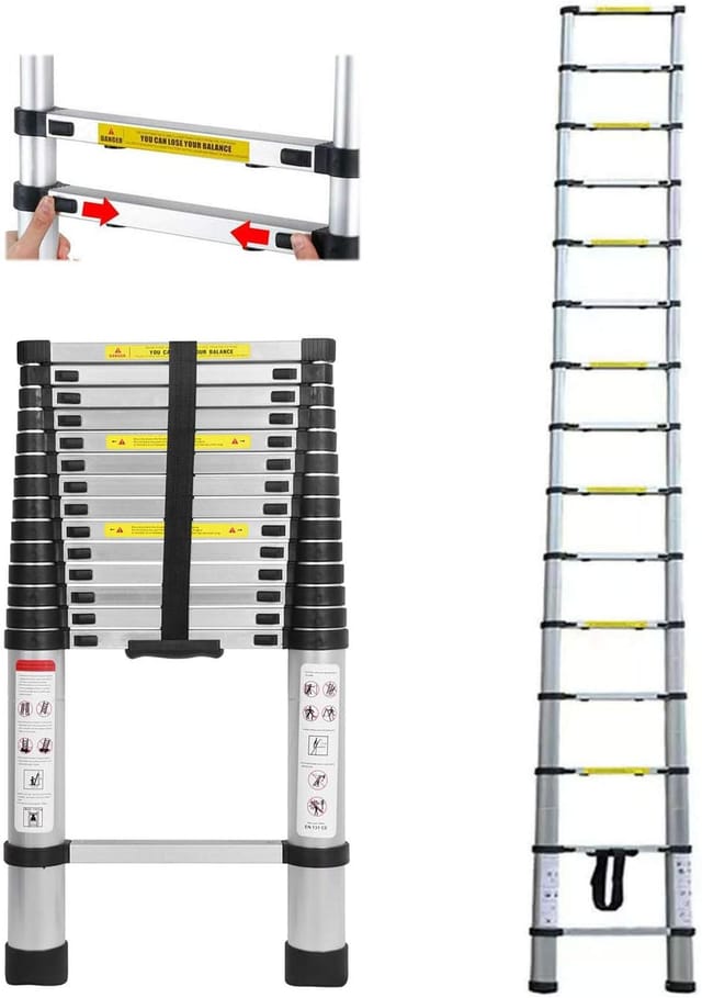 4,4m Teleskopleiter Dachbodenleiter für Zuhause, Büro, Wohnmobil, robuste Aluminium-Auszugsleiter, 150kg Tragkraft, einfach zusammenklappbar,