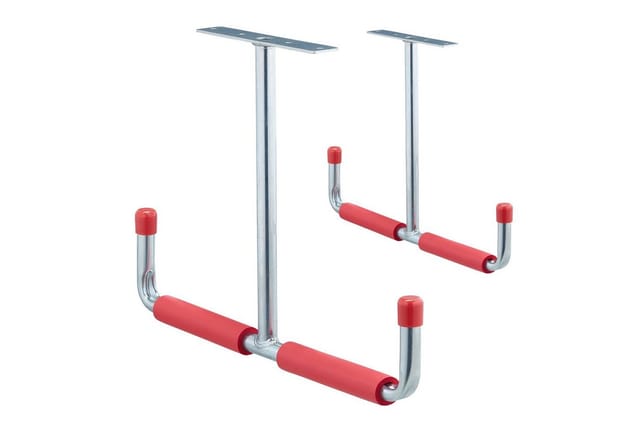 4 x Deckenhaken Garage, T-Profil, bis 25 kg, für Stauraumbrücke, Stahl mit Polsterung, h x b: 30 x 42 cm, silber-rot