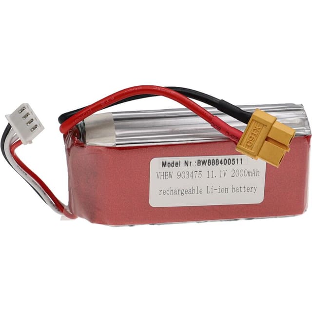 vhbw Akku kompatibel mit XT60 Stecker für Modellbau z.B. Racing Car, Helikopter, Flugzeug (2000mAh, 11,1V, Li-Polymer, 86 x 34 x 28 mm)