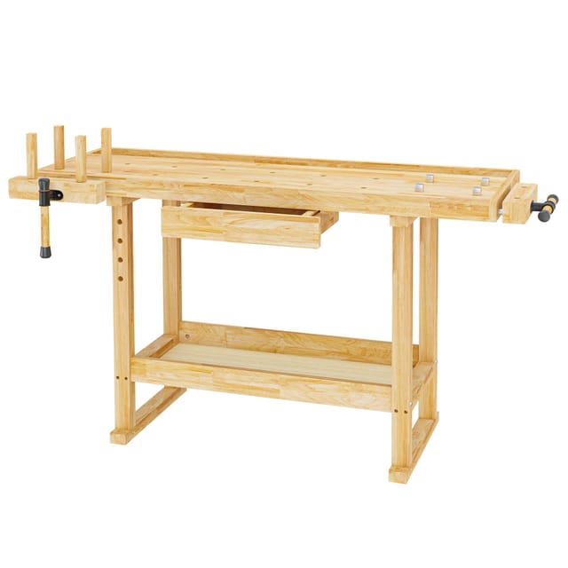 Wiltec - Werkbank 151 x 61,5 x 86 cm aus Holz, Werktisch aus Rubberwood, Hobelbank bis 150 kg belastbar, Werkzeugbank mit Schublade und Spannzangen