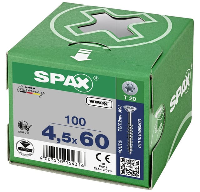 Spax - Universalschraube, 4,5 x 60 mm, 100 Stück, Teilgewinde, Senkkopf, t-star plus T20, 4CUT, wirox - 0191010450603