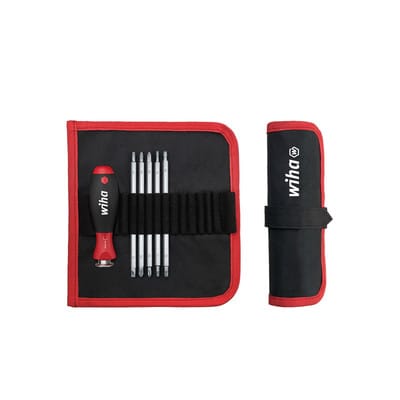 Schraubendreher mit Wechselklingen Set system 6 (32298), 7 tlg. für tiefliegende Schrauben, Innensechskant/Kreuz/TORX/Schlitz inkl. Rolltasche - Wiha