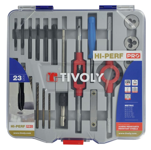 Koffer 23 Stück 6 din 352 HSS-Gewindebohrer + 6 HSS-Matrizen + 4 Zubehörteile M3 bis M10 + 6 HSS-Kobalt-Metallbohrer - Tivoly