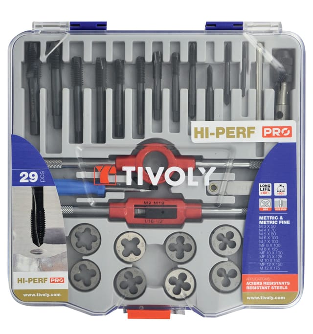 PRO-Koffer 29-teilig • 12 HSS-Gewindebohrer M3 bis M12 und MF8 bis MF12 • 12 HSS-Schneidbacken M3 bis M12 und MF8 bis MF12 • 2 Linksdreher • 1