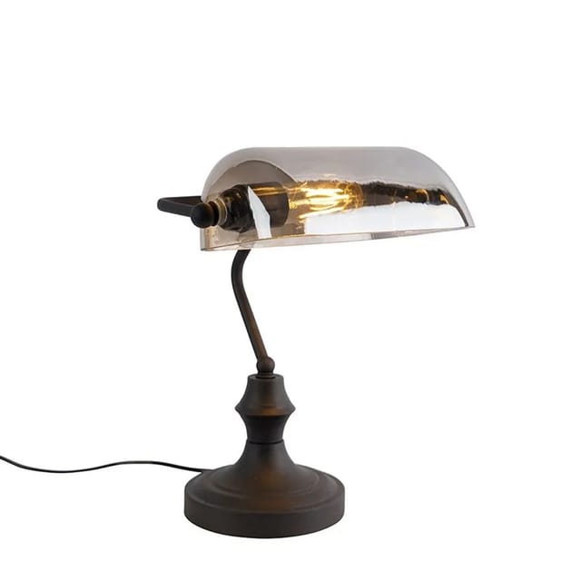 Qazqa - Klassische Notarlampe schwarz mit geräuchertem Spiegelglas - Banker