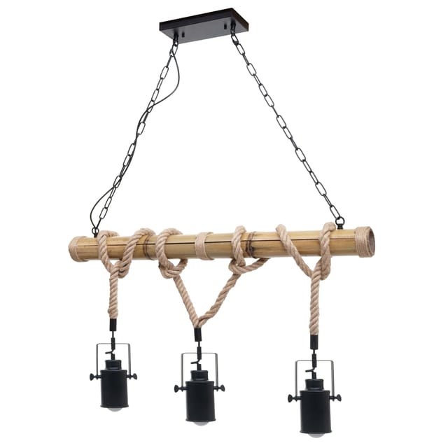 Pendelleuchte HHG 201, Hängelampe Hängeleuchte, Industrial Vintage Bambus Seil Metall schwarz 3x Sportlampenschirm