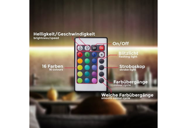 LED Strip 3m mit Fernbedienung, buntes RGB Licht, dimmbar, selbstklebend, LED Streifen, Leiste, Gaming Deko, 3 Meter Lichtleiste, Lichtschlauch, Weiß