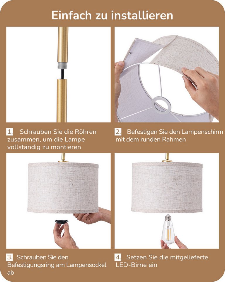 Edishine Stehlampe Wohnzimmer Gold, Bogenlampe Mit Verstellem Leinen Lampenschirm, Leselampe Mit E27 Led Leuchtmittel Und Fußschalter, 160cm Standleuchte Für Schlafzimmer, Kinderzimmer, Büro Bild 2