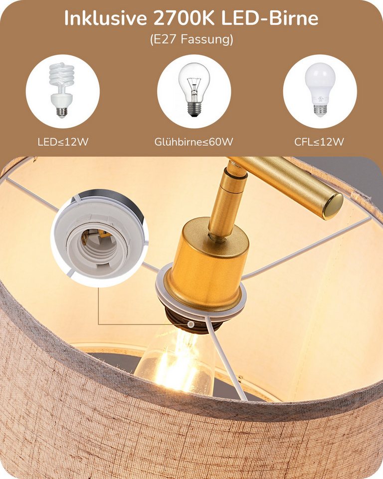 Edishine Stehlampe Wohnzimmer Gold, Bogenlampe Mit Verstellem Leinen Lampenschirm, Leselampe Mit E27 Led Leuchtmittel Und Fußschalter, 160cm Standleuchte Für Schlafzimmer, Kinderzimmer, Büro Bild 5