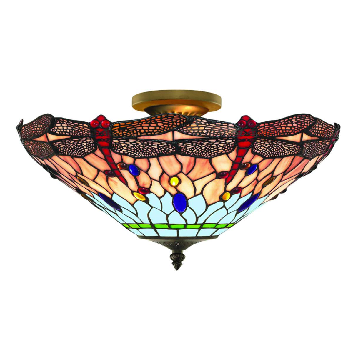 Eglo - Searchlight Dragonfly - 3 Light Semi Flush Deckenleuchte Antik Messing, Tiffany Glas, Rot, Blau, E14