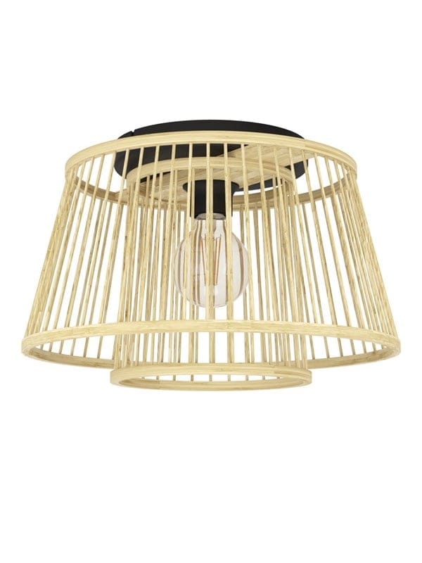 Eglo - Deckenlampe Hykeham, Deckenleuchte mit 2 Lampenschirmen aus Bambus, Boho Wohnzimmerlampe aus natürlichem Holz und Metall in schwarz, Holzlampe
