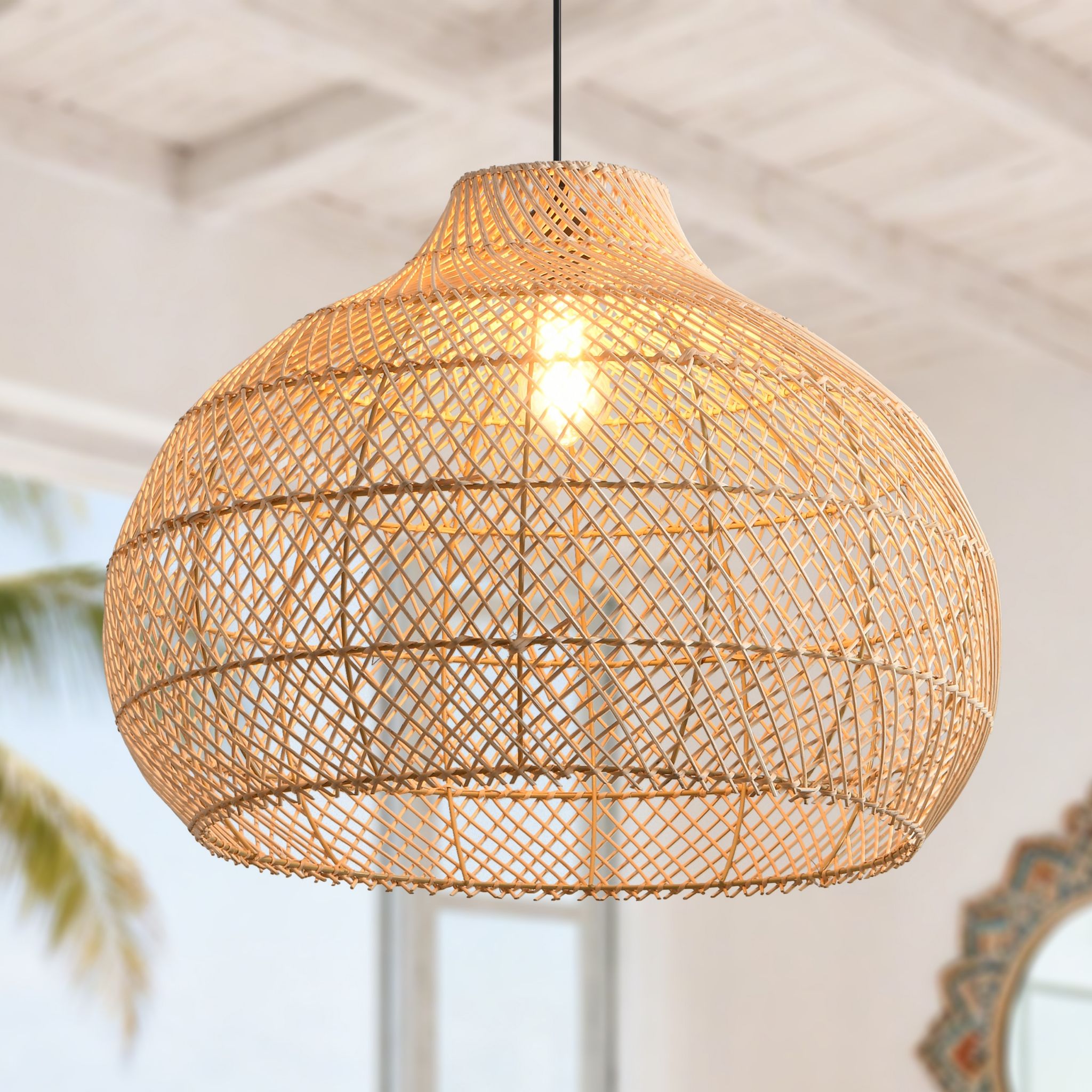 Parrot Uncle Pendelleuchte Rattan Ø60 Cm, Boho Hängeleuchte Handgeflochten, E27, Höhenverstellbar, Natur, Für Esszimmer Wohnzimmer Küche