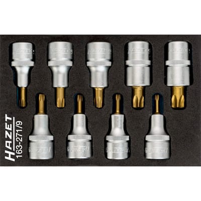 Schraubendreher-Steckschlüsseleinsatz Satz torx, Vierkant hohl 12,5 mm (1/2), Innen torx Profil, T20 - T60, Anzahl Werkzeuge: 9, Art.Nr. 163-27