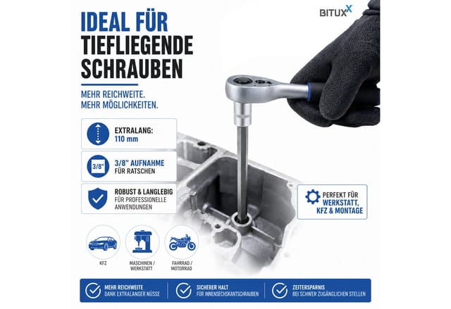 Bituxx - 7 tlg Innensechskant Nuss Satz Stecknuss Werkzeug Bitsatz Nüsse 3/8' Extra Lang H3 H4 H5 H6 H7 H8 H10