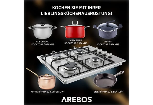 Gaskochfeld 4 Flammen Edelstahl inkl. Topfträger & Zündsicherung - Arebos