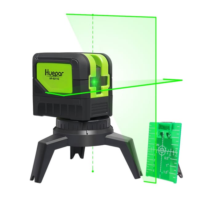 Huepar - Kreuzlinienlaser Grün Mit 2 Laserpunkte, Diy Linien Laser Selbstnivellierenden Und Neigungsfunktion Mit Lotfunktion, 15m Arbeitsbereich, Inkl. Magnetische Halterung Und 2 Aa Batterie M-9211g