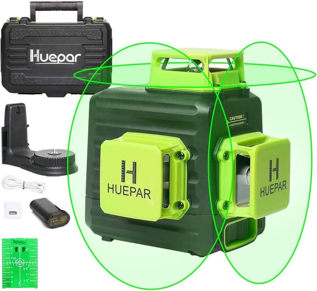 Huepar - 3 x 360 Kreuzlinienlaser mit Litium-Ionen Batterie, Grüner Selbstnivellierenden Drei 360°-Laserlinie, Li-Ionen-Akku mit Ladeanschluss Typ c,