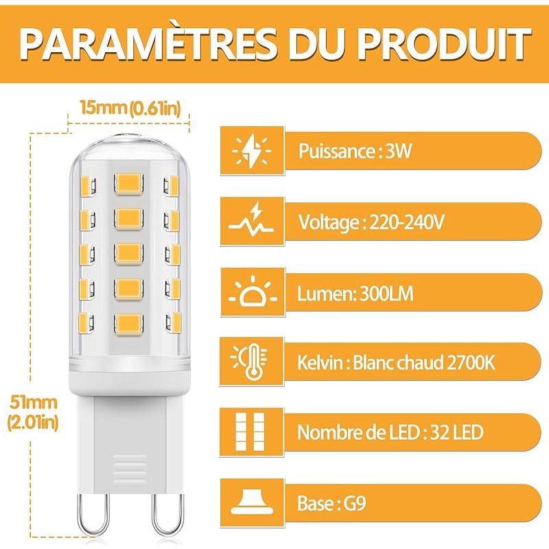 Dimmbare G9-led-lampe, 3 W, Warmweiß (2700 K), Entspricht Einer 40-w-g9-halogenlampe, Energiesparende Led-lampe, Flimmerfrei, Für Die Wohnraumbeleuchtung, 6er-packung