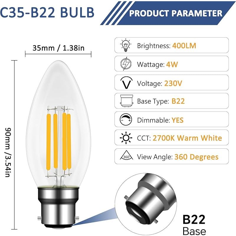 Led-kerzenlampe Mit B22-bajonettfassung, 4 W (entspricht 40 W Glüh-/halogenlampe), Dimmbar, Warmweiß (2700 K), 400 Lm, 230 V Wechselstrom, C35-vintage-glühfaden, Für Kronleuchter, Deckenleuchten Und W