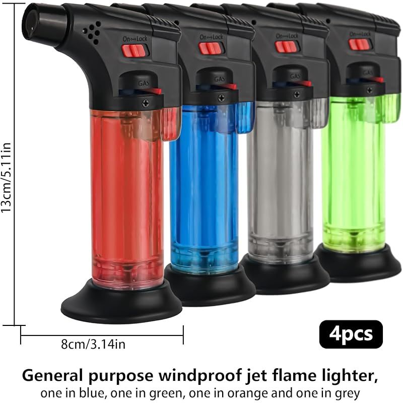 Set Mit 4 Verstellbaren Und Windfesten Sturmfeuerzeugen Mit Jetflamme, Nachfüllbar, Butangas, Minifeuerzeuge (butangas Nicht Enthalten)
