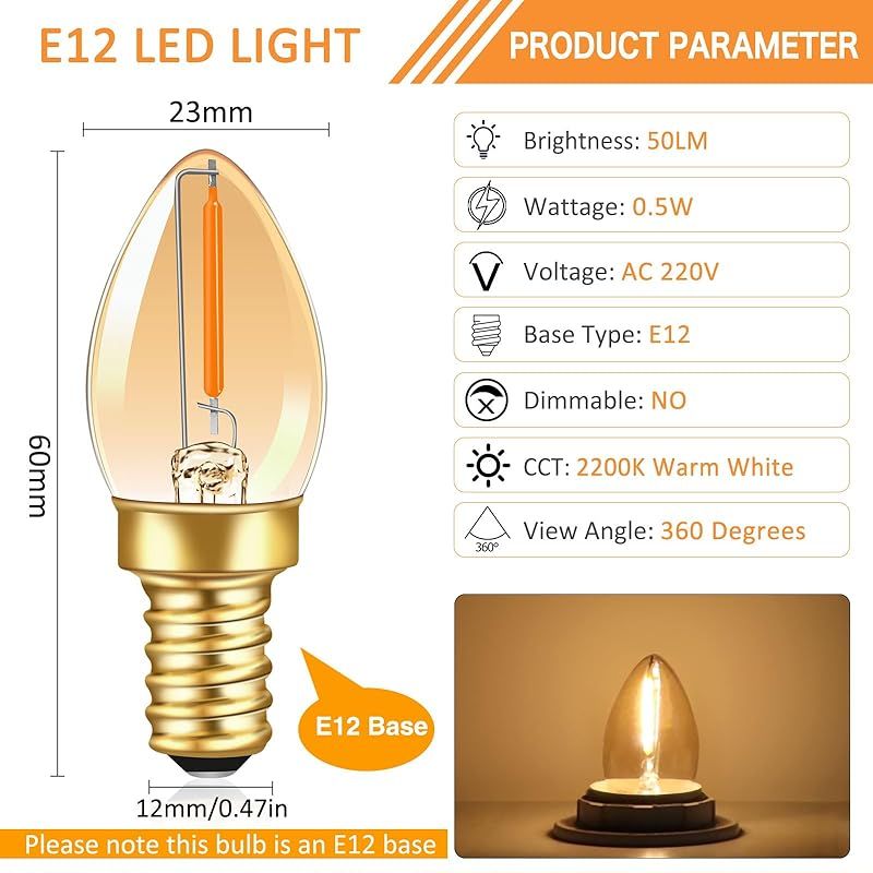 Led-kerzenbirne C7 E12, Warmweiß, 220 V, 0,5 W, Kleine Vintage-edison-glühbirne, Ersatz Für 5-w-glühbirne, 50 Lm, 2200 K, Bernsteinfarben, E12, Dekorative Led-nachtlampe Mit Salzkristallfassung, Nicht