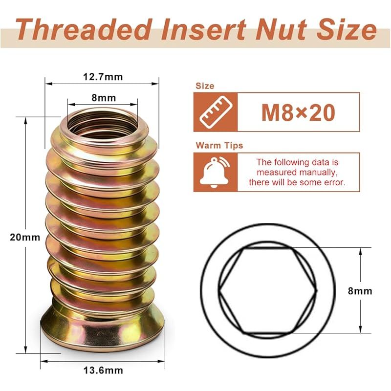 M8 Gewindeeinsätze Für Holz, M8 X 20 Mm Schraubenmuttern, Verzinkte Schraubenhülsen, Sechskantmuttern Für Holzmöbel, 20 Stück