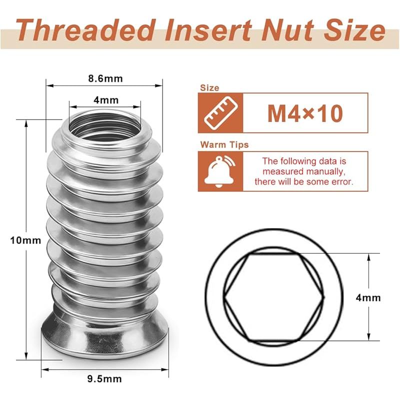 M4-gewindeeinsätze Für Holz, M4 X 10 Mm Schraubenmuttern, Verzinkte Gewindehülsen, Sechskantmuttern Für Holzmöbel, 40 Stück, Silber
