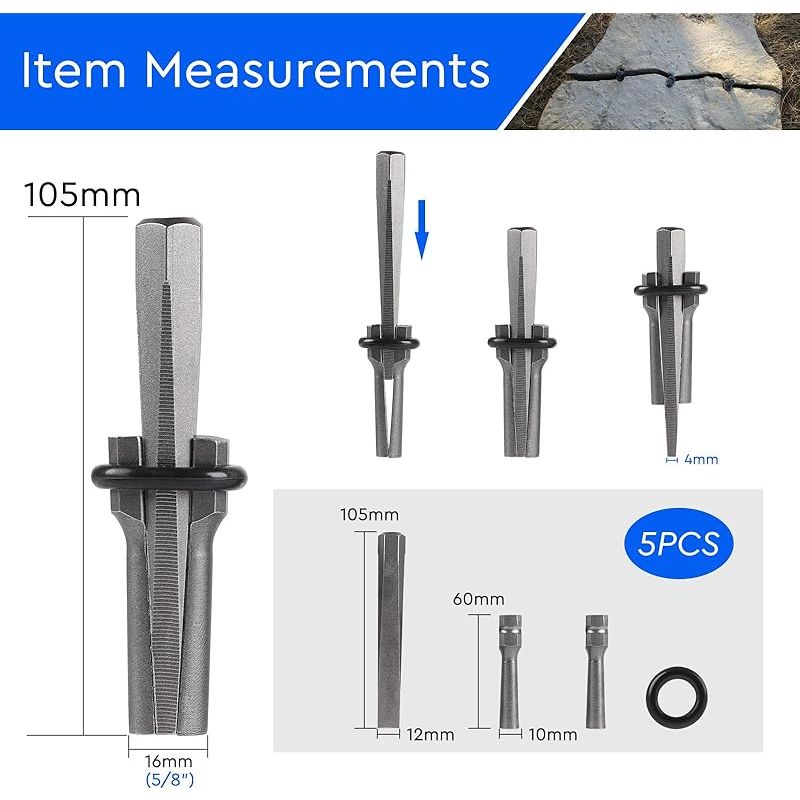 5-teiliges Steinspaltkeil-set, 16 Mm (5/8 Zoll), 105 Mm Lange Steinspaltkeile Aus Kohlenstoffstahl Mit Konischen Und Elastischen Unterlegscheiben, Hohlkeil Und Federkeile Für Granit Und Marmor