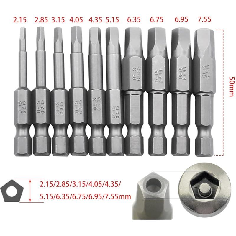 Set Mit 10 Magnetischen Fünfkant-schraubendreherbits Mit 1/4"-sechskantschaft – Metrische Größen – 50 Mm Lang
