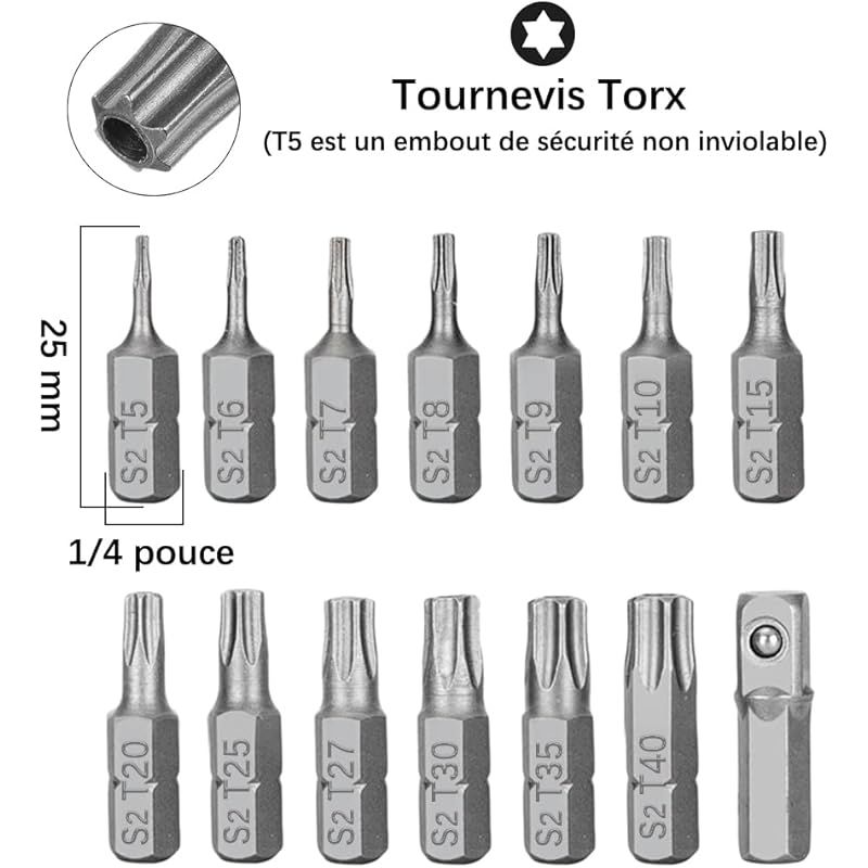 Set Mit 14 Magnetischen Torx-schraubendreherbits T5 - T40 1/4" Sechskantschaft S2 Stahl Sternkopf Sicherheits-torx-schraubendreherbits (länge 25 Mm)