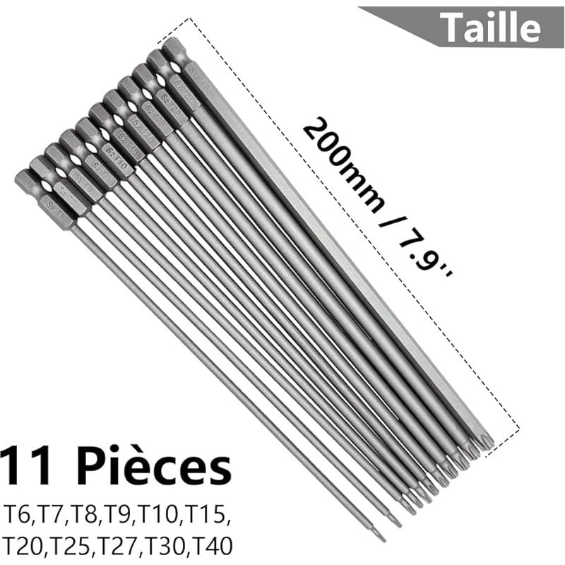 Set Mit 11 Torx-schraubendreherbits, Extra Lange 200 Mm Manipulationssichere Torx-schraubendreherbits Mit Magnetischem Sechskantschaft 1/4'' Torx-bits Für Elektrische Schraubendreher (t6-t40)