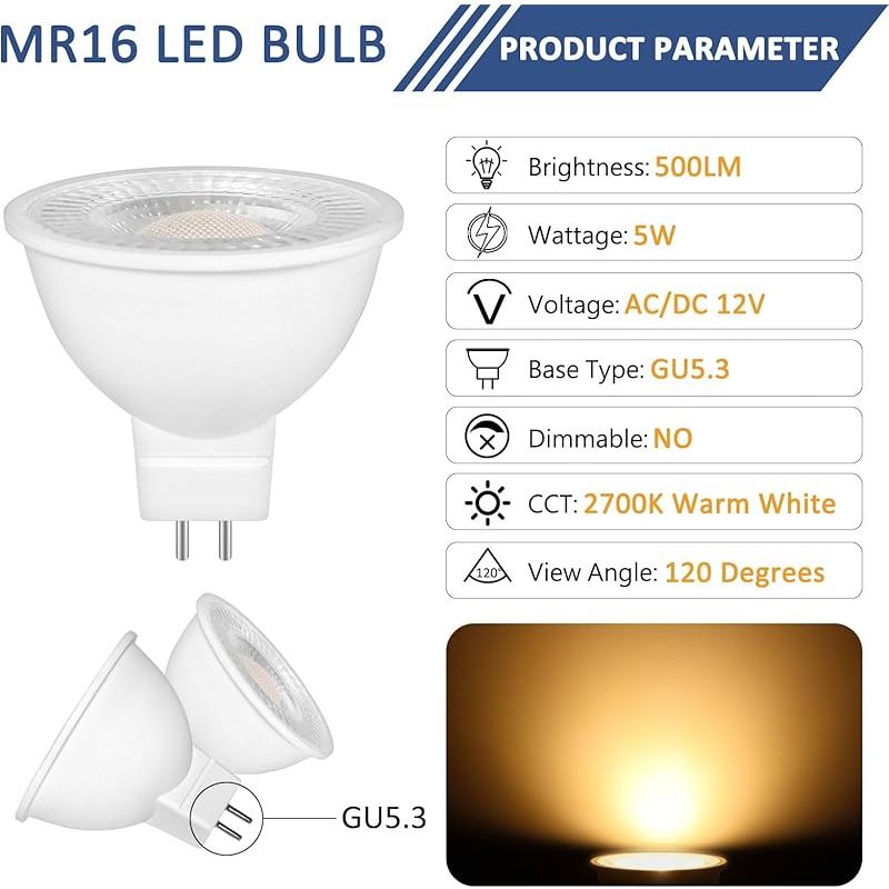 5-w-mr16-gu5.3-12-v-led-lampen, Warmweiß (2700 K), Entspricht Einer 50-w-halogenlampe, 500 Lm, Abstrahlwinkel 120°, Mr16-led-spotreflektorlampen, Nicht Dimmbar, 6er-pack