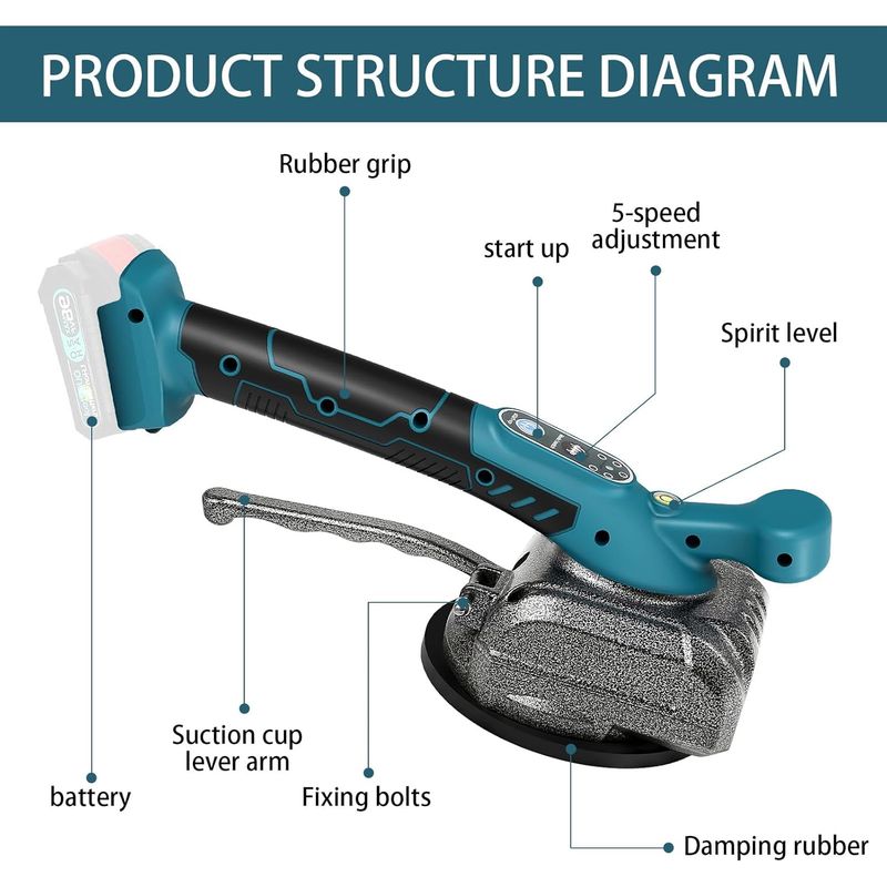 Makita 18v Fliesenrüttler Mit 12 Cm Saugnapf, 5 Geschwindigkeitsstufen, 60 Kg Tragkraft, Geeignet Für Fliesen Bis 99 X 99 Cm.
