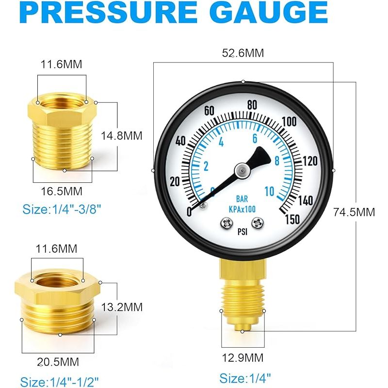 Manometer Für Brunnenpumpen (0–10 Bar / 0–150 Psi), 2"-zifferblatt, 1/4"-bsp-anschluss, Mit 2 Messing-sechskant-einsätzen (3/8" Auf 1/4" Und 1/2" Auf 1/4"), Bodenmontage, Geeignet Für Wasser, Öl Und L