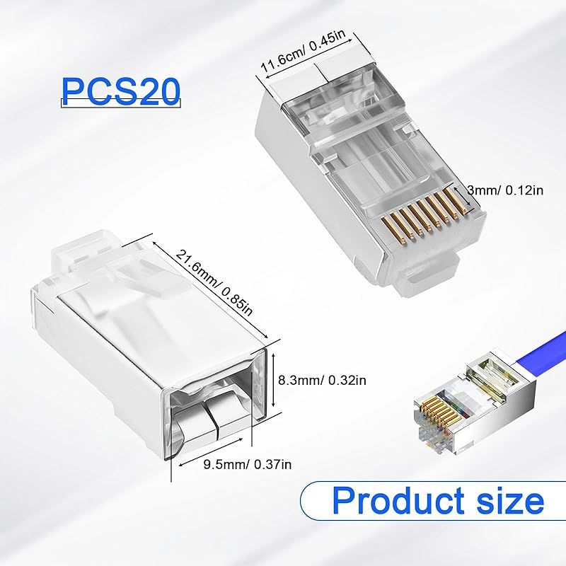 Packung Mit 20 Geschirmten Cat6/cat6a Rj45-durchgangssteckern Für Ftp/stp- Und Starre Kabel – 3-polige Ethernet-patchstecker