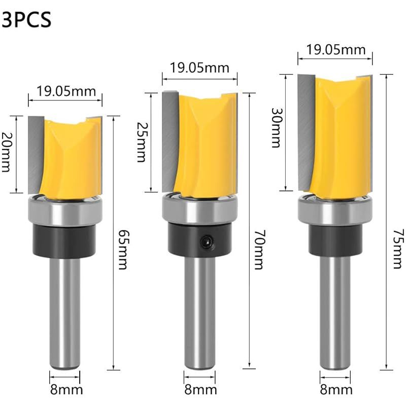 3-teiliges 8-mm-schaft-bündigfräser-set, Bündigfräser, Kopierfräser Mit Kugellager, Holzbearbeitungswerkzeuge – 19,5 Mm Schnittdurchmesser