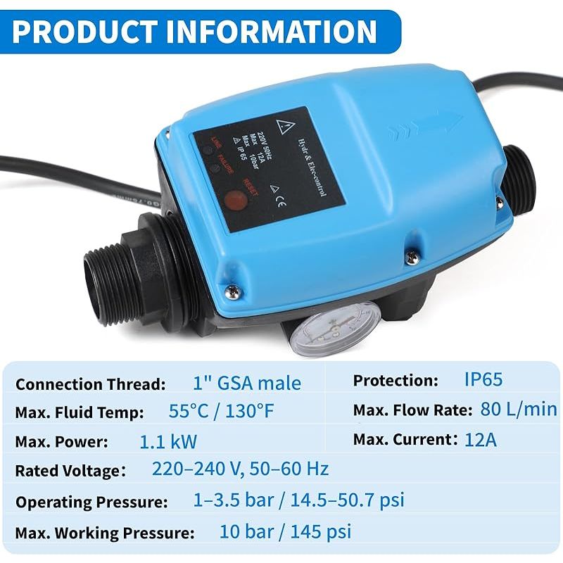 Wasserpumpen-druckschalter, Manometer Und Kabel Inklusive Für Tauchpumpen, Kreiselpumpen, Tiefbrunnenpumpen, Gartenpumpen, Blau