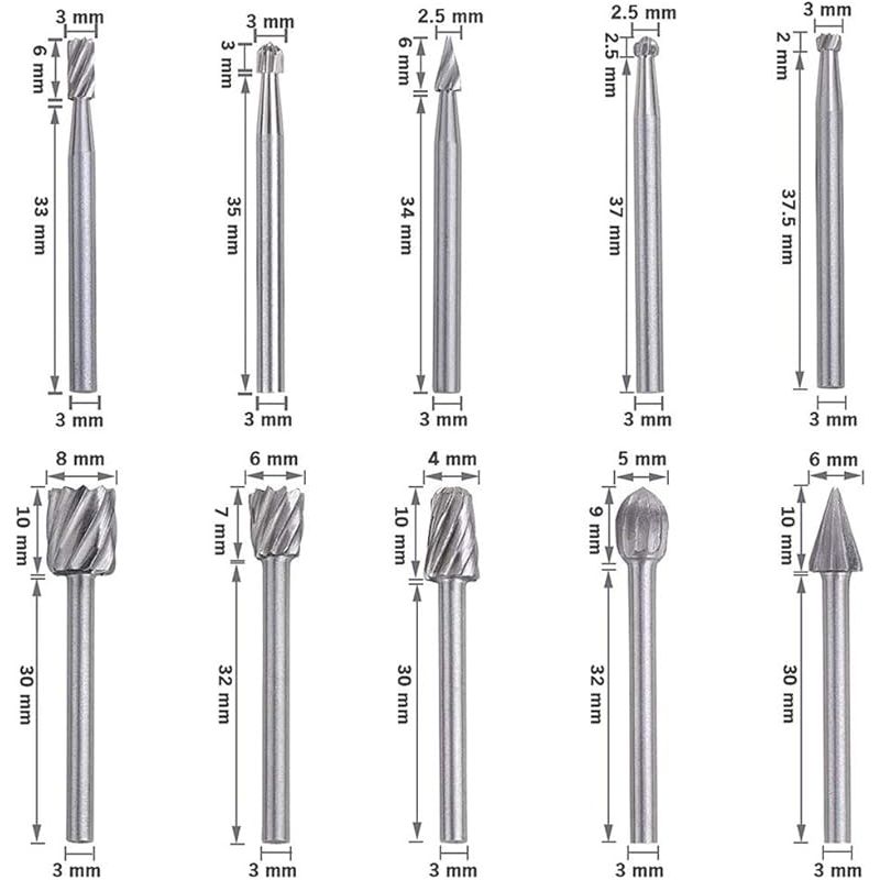 Set Aus 5 Rotationsraspeln In Meißelform, Geprägtem Schleifkopf Und 10 Stück 1/8" Hss-schaft Für Holzfräser