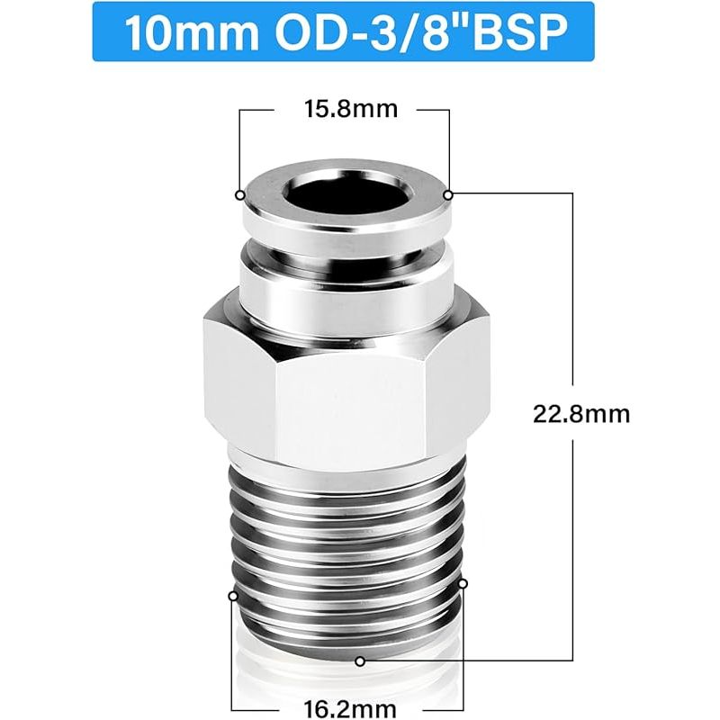 2-teiliges Fitting Aus Edelstahl 304, Pneumatischer Steckanschluss, 10 Mm Außendurchmesser X 3/8"-bsp-außengewinde