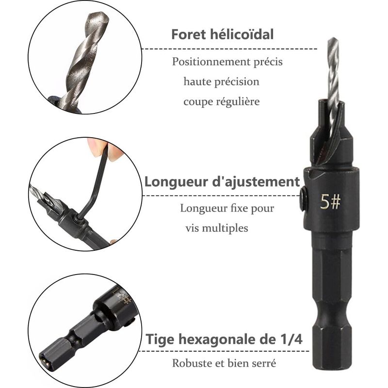 5-teiliges Set Verstellbarer Senkbohrer, 1/4" Schnellwechsel-holzfräser, Größen 5, 6, 8, 10, 12, Für Holzbearbeitung Und Tischlerei