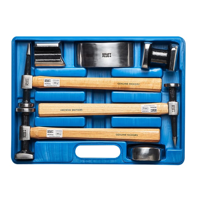 K.872-4010 Karosserie-Ausbeul-Satz Ausbeulhammer mit hickory Holzstiel Ausbeulwerkzeug Set 7-tlg. - Kraftplus