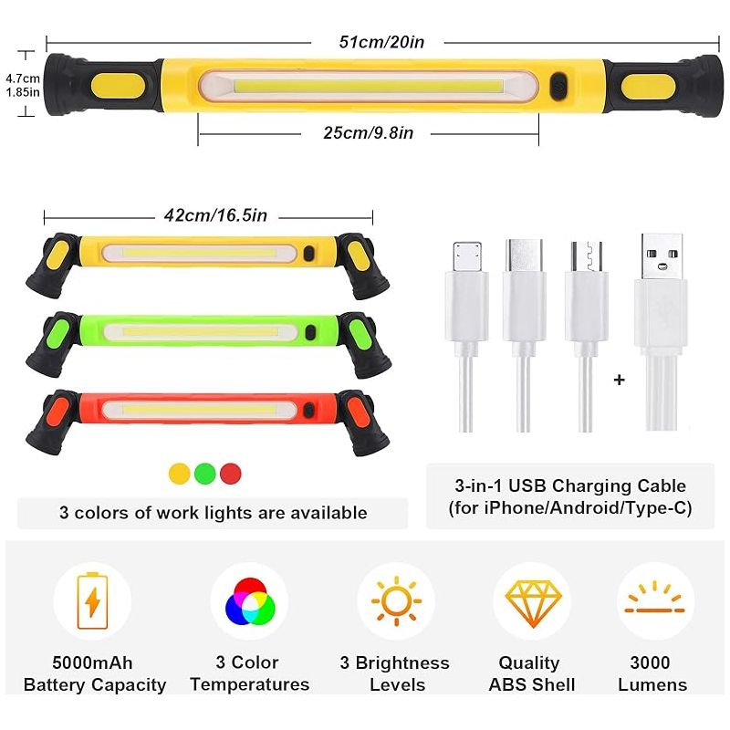 Wiederaufladbare Led-werkstattlampe Für Kfz-mechaniker, Motorhaube, 5000mah Tragbare Cob-lichtleiste Mit Haken Und Magnetfuß Für Reparaturen, Garage, Werkstatt [gelb]