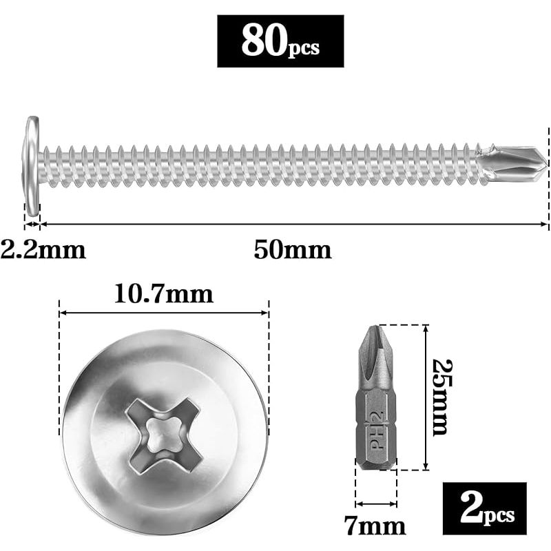 80 Selbstbohrende Schrauben Aus Edelstahl 410, Phillips-senkkopf 4,2 X 50 Mm, Mit 2 Bohrern (silber)