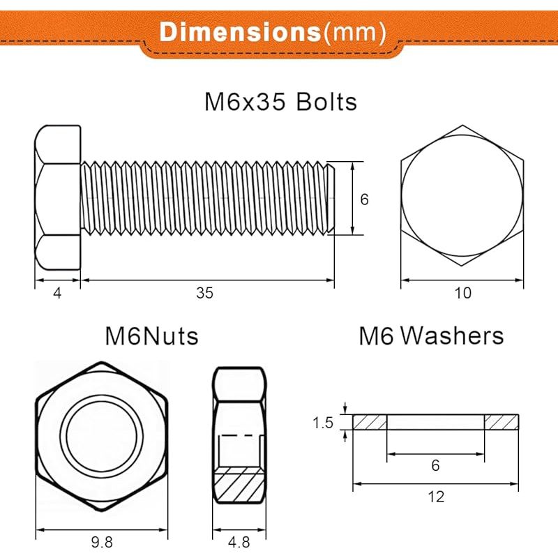 Schrauben Und Muttern, 10 Stück M6 X 35 Mm Sechskantschrauben Mit Muttern Und Unterlegscheiben, Sortiment Edelstahl A2 V2a M6 Edelstahlschrauben Din 933 / Din 934 / Din 125