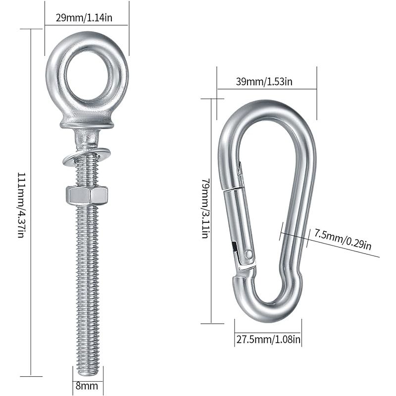 Schraubhaken Mit Karabiner, M8 X 80 Mm, Metrische Gewindeschraube, 2 Ösenschrauben, Ringhaken, 2 Edelstahlkarabiner