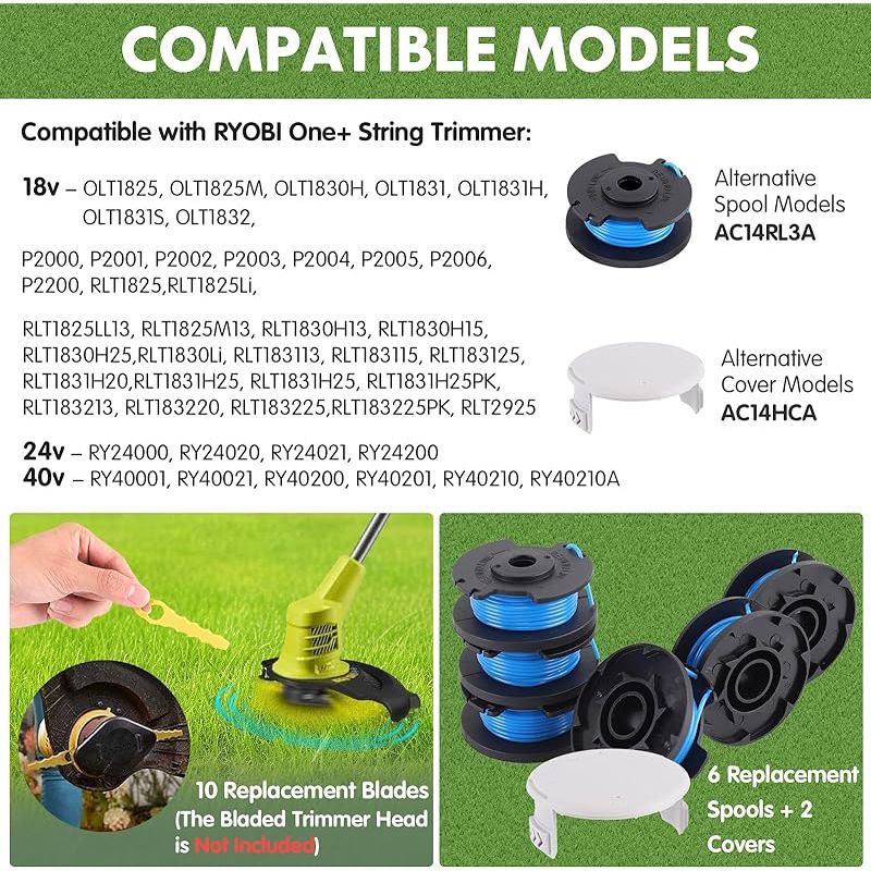 6-teilige Trimmerfadenspule Für Ryobi One+ Ac14rl3a 18v 24v 40v Freischneider, Ersatzteile + 2 Schutzkappen + 10 Ersatzklingen (ø1,65 Mm, 3,4 M)