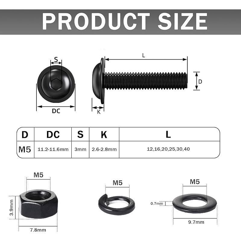 10 Stück M5x25 Mm Innensechskantschrauben, Schraubensatz Mit Sechskantmuttern Und Federscheiben, Gewölbter Kopf, Edelstahl A2 V2a, Schwarz Oxidiert