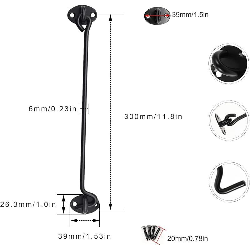 Set Mit 2 Sturmhaken Mit Ösen (30 Cm, Schwarzer Edelstahl) - Schrauben Inklusive Für Fenster, Türschlösser Und Hütten