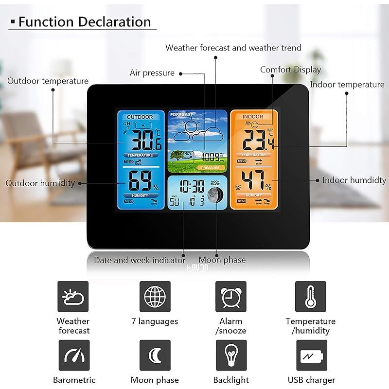 Drahtlose Wetterstation Mit Innen-/außensensor, Digitale Lcd-wetterstation Mit Temperatur-/luftfeuchtigkeits-/luftdruck-/vorhersage-/mondphasen-/weckeranzeige Für Zuhause, Büro Und Garten (rf Schwarz)